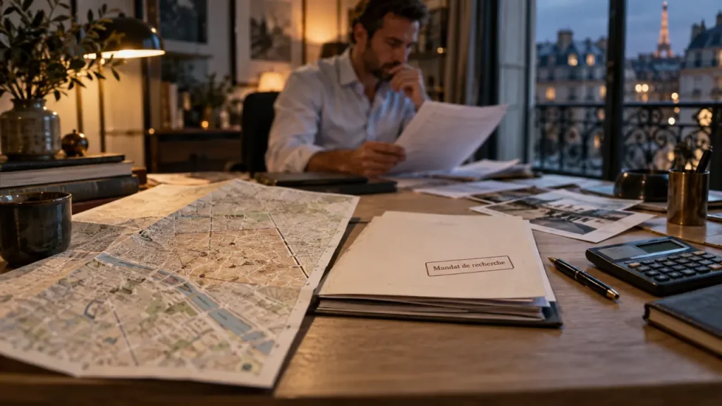 Chasseur immobilier Paris 11 : dossier d’achat et carte de Paris dans un bureau