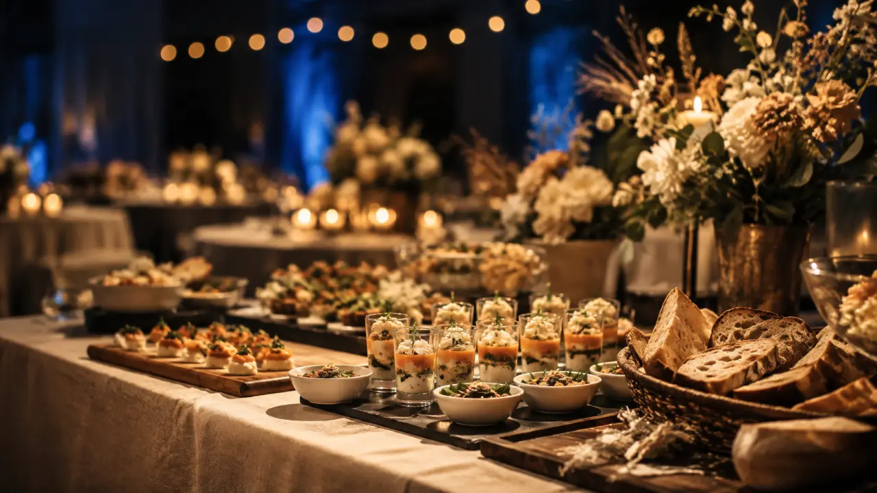 Décoration buffet réception avec verrines en couches en contenants en verre
