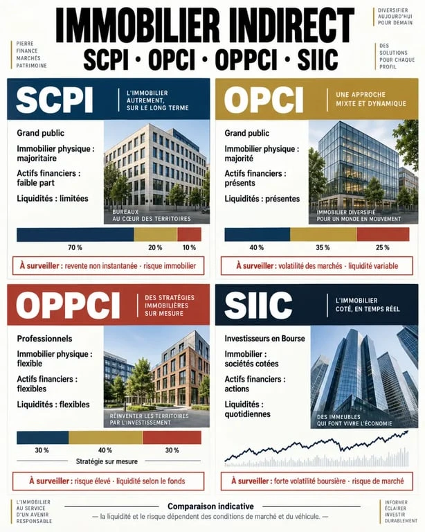 Fond d investissement immobilier : comparaison visuelle entre SCPI, OPCI, OPPCI et SIIC