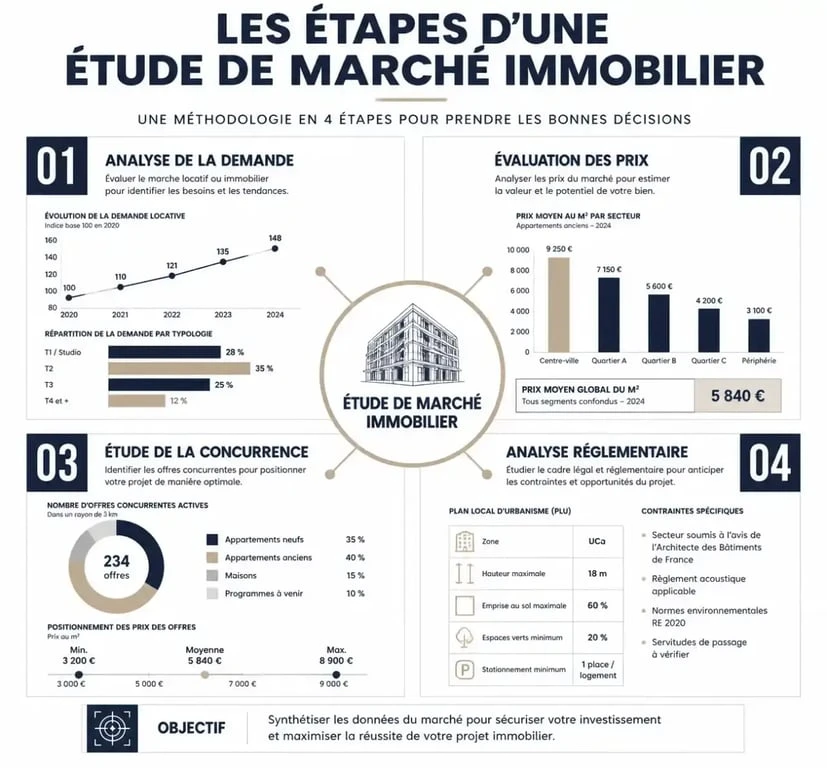 Infographie des étapes clés pour réaliser une étude de marché immobilier efficace