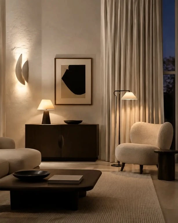 Ambiance lumineuse d’un intérieur luxury design art de vivre avec lampes et textures