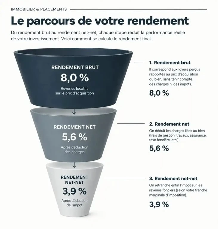 Schéma explicatif de la rentabilité locative : du rendement brut au rendement net-net