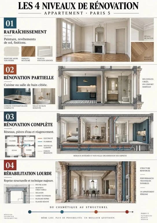 Infographie des niveaux de rénovation appartement paris 5, du rafraîchissement à la réhabilitation lourde