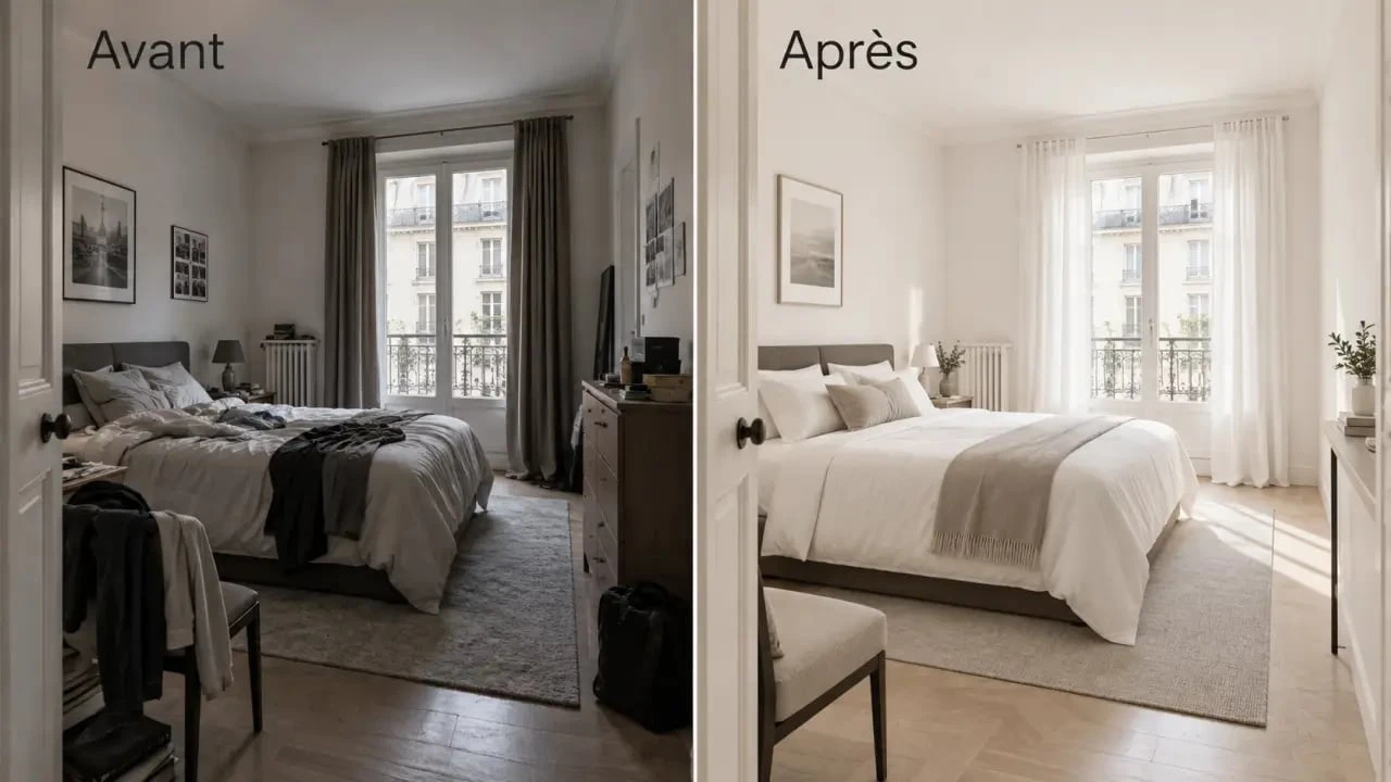 Avant après de home staging chambre lumineuse et désencombrée