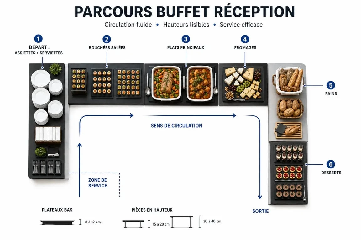 Décoration buffet réception vue de dessus avec parcours de service et zones de plats