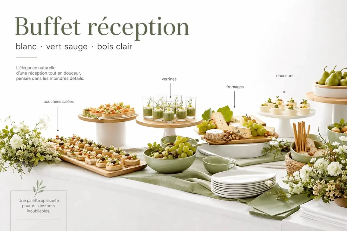 Décoration buffet réception élégante en vue 3/4 avec palette blanc, vert sauge et bois clair