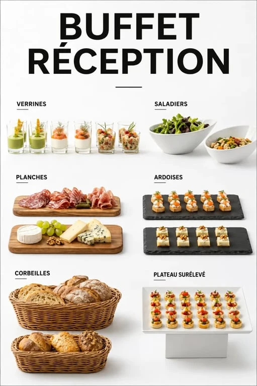 Décoration buffet réception avec contenants en verre, bois et ardoise