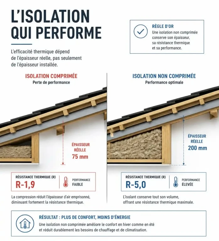 Schéma de l'importance de l'épaisseur de l'isolant pour l'isolation des combles