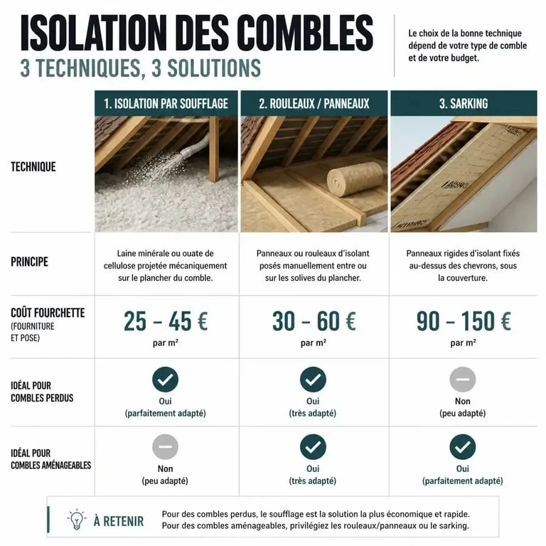 Comparatif des techniques et prix isolation combles 50m2