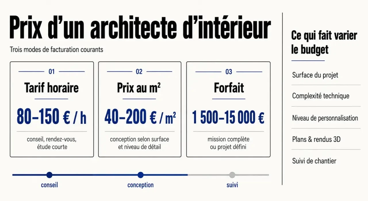 Prix d'un architecte d'intérieur : visualisation des tarifs horaire, au m² et au forfait