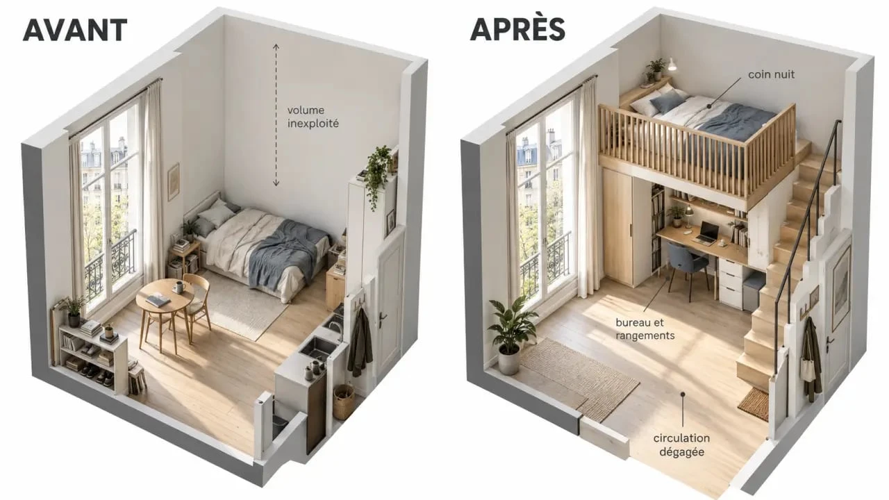 Aménagement mezzanine petit espace avec coin nuit, bureau et rangements dans un studio