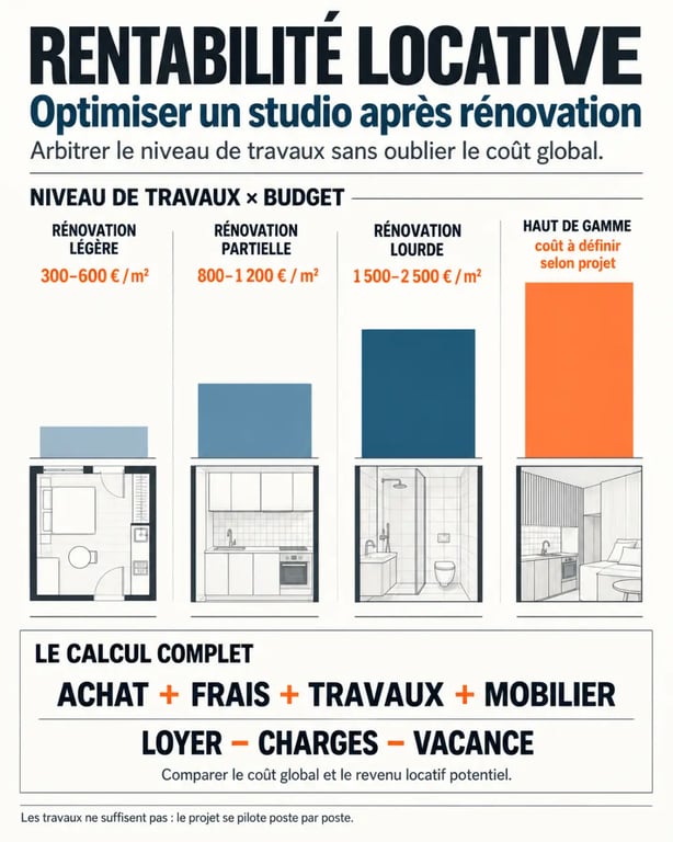 Infographie pour optimiser la rentabilité locative d’un studio après rénovation selon le niveau de travaux