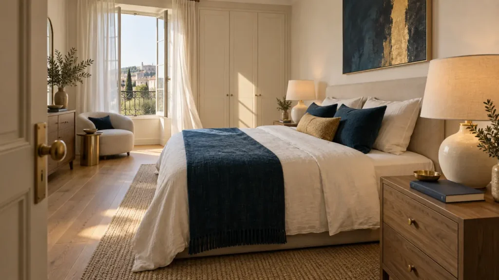 Home staging chambre : chambre lumineuse agrandie avec lit et parquet clair