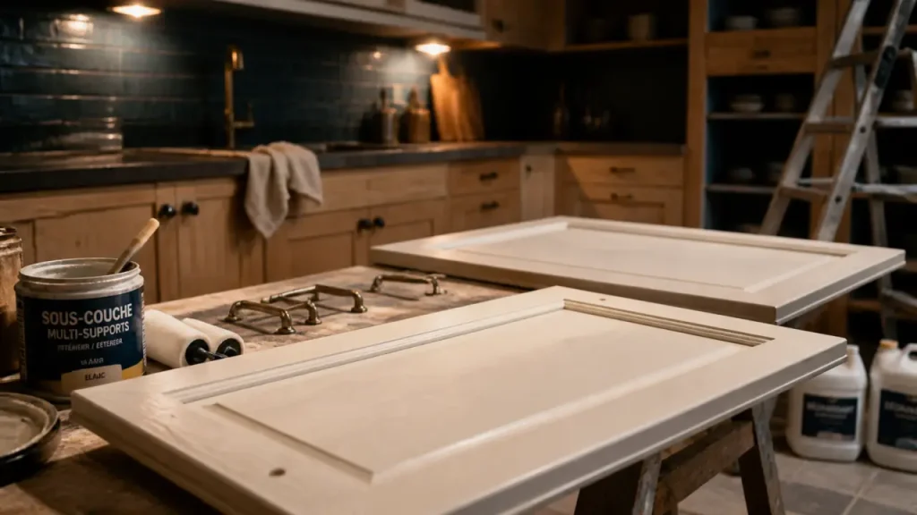 Renover une cuisine en bois : façades poncées et repeintes