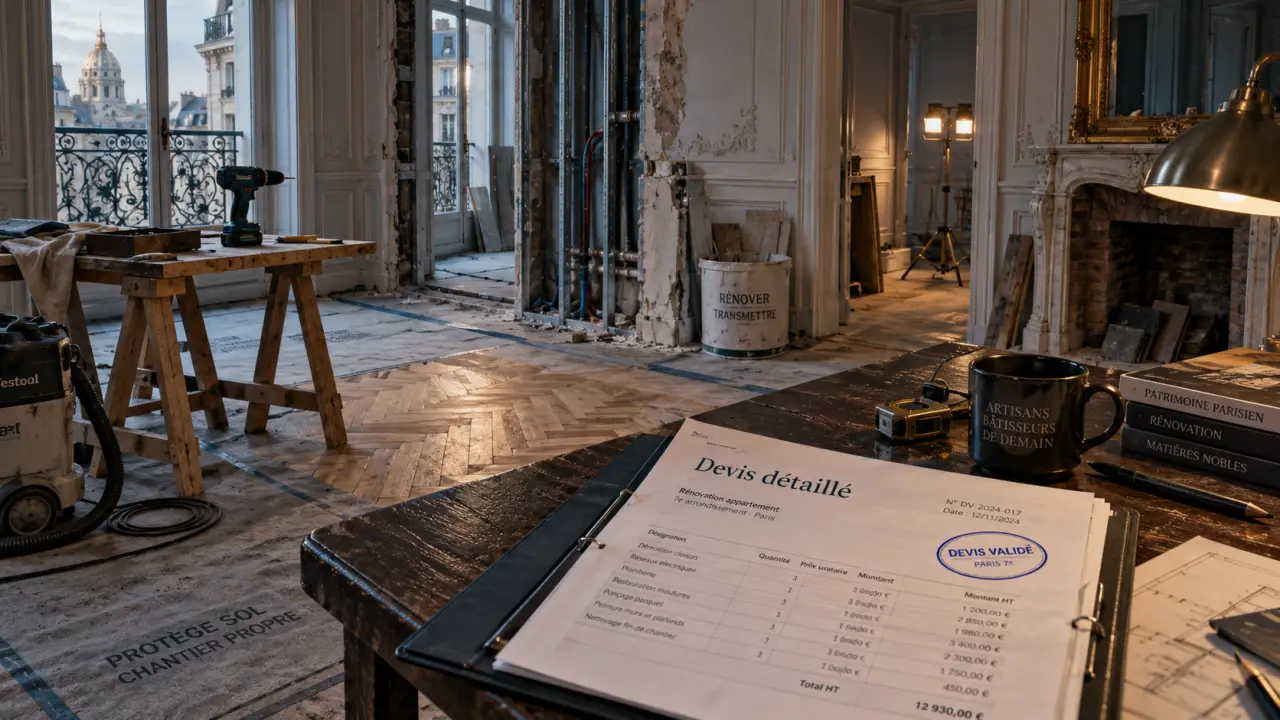 Rénovation appartement paris 7 : parquet ancien poncé en chantier